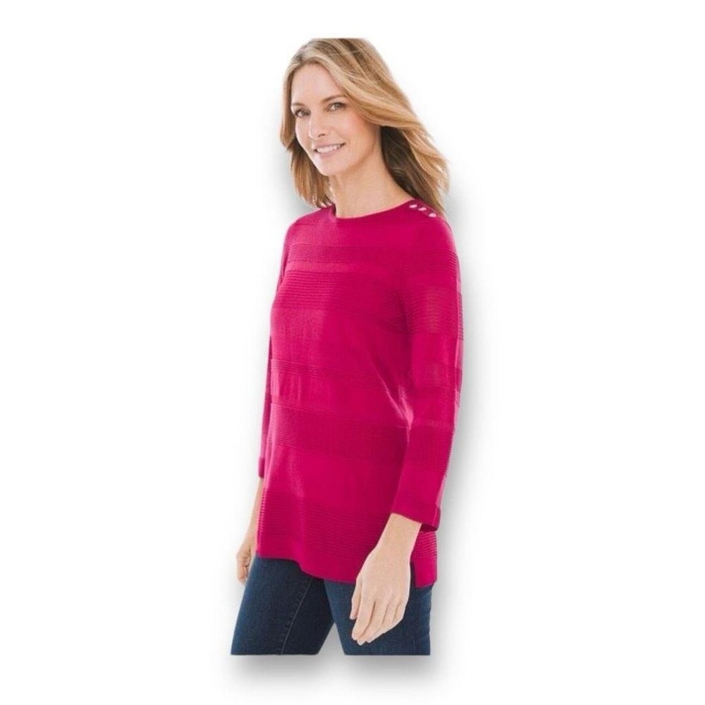 Chico's Ribbed Texture Button Shoulder Top Womens Size L 2 Pink Magenta Knit
